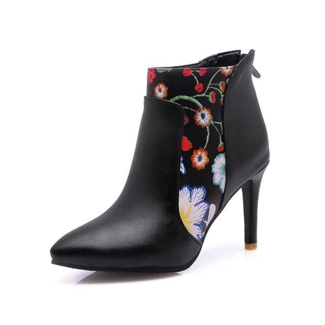 pu leather ankle boots for women winter flower boots
