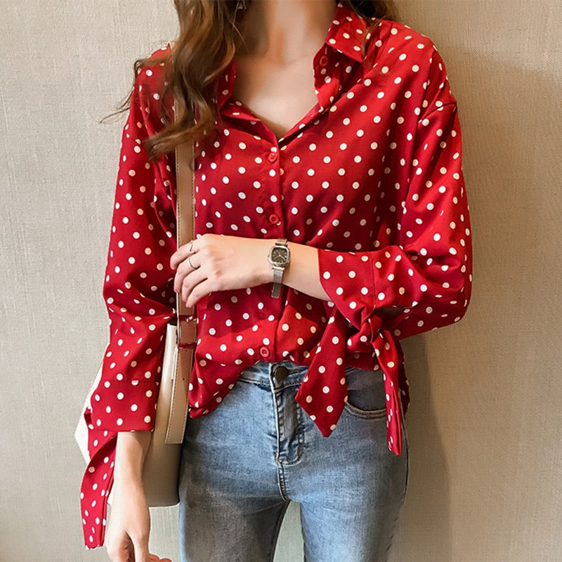 bow lace up sleeve polka dot blouse shirt