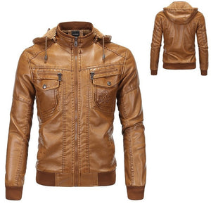 men's fleeced leather jacket with cap hooded