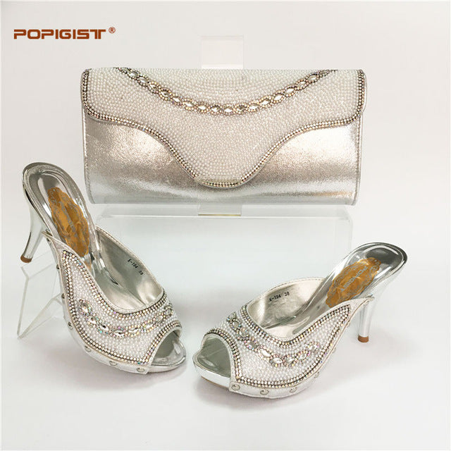 high quality italian ladies shoes and bag set decorated with rhinestone