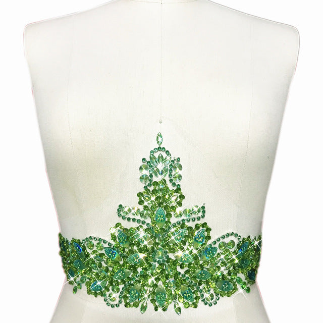 amazing clear ab sequin rhinestones patches 36x18cm bridal waist decoration green