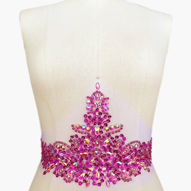 amazing clear ab sequin rhinestones patches 36x18cm bridal waist decoration pink