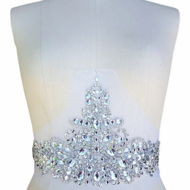 amazing clear ab sequin rhinestones patches 36x18cm bridal waist decoration silver