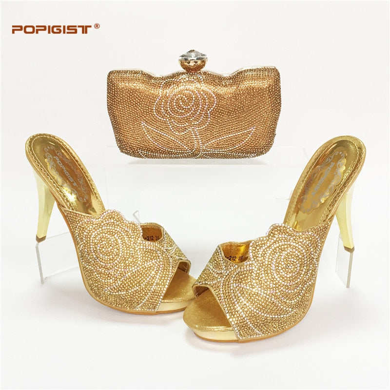 gold color fashion italian bridal shoes with matching bags set