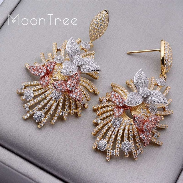 50mm luxury flower line wheel full micro paved cubic zircon wedding party earring gold-color