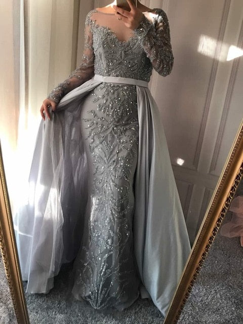 luxury mermaid long sleeves beading crystal evening gown