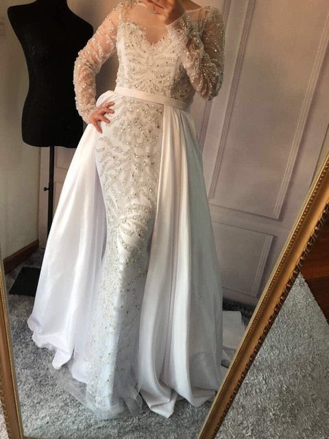 luxury mermaid long sleeves beading crystal evening gown
