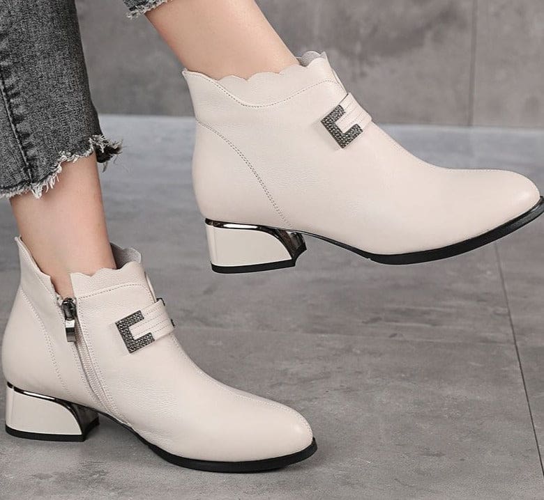 real leather thick heels zipper winter warm ankle boots
