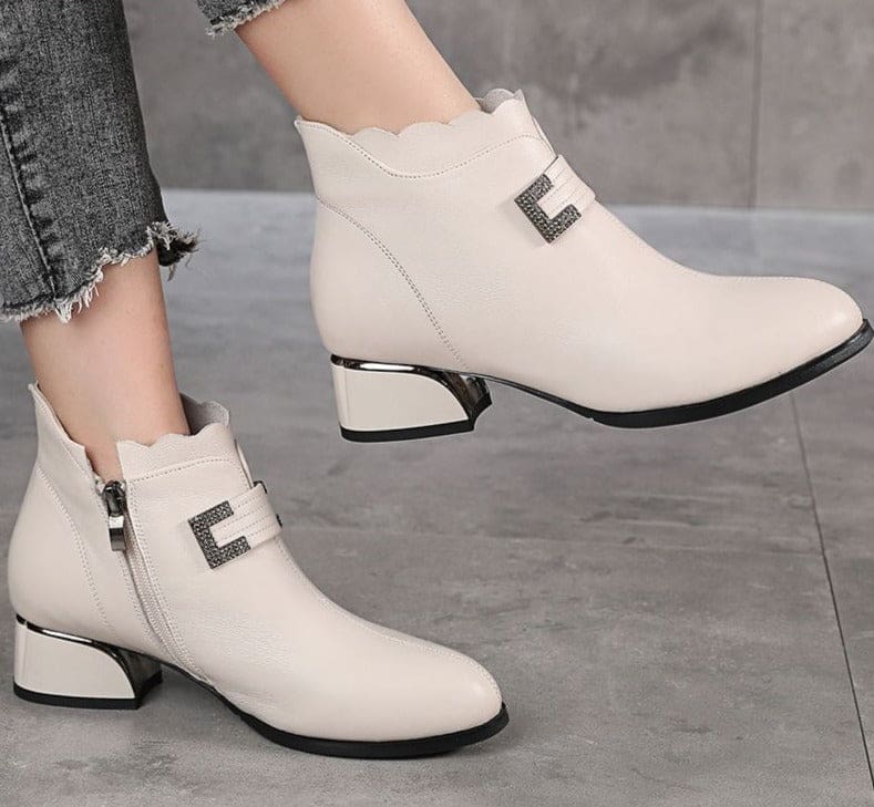 real leather thick heels zipper winter warm ankle boots