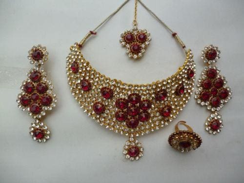 red stone bridal necklace earrings cz tikka set