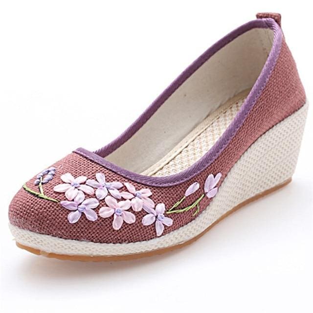 retro floral embroidery cloth canvas wedges vintage women pumps linen shoes
