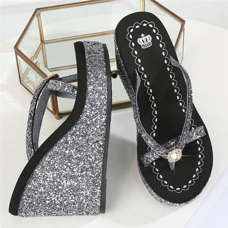 rhinestones sequins slope with flip flops breathable shiny wedges women sandals