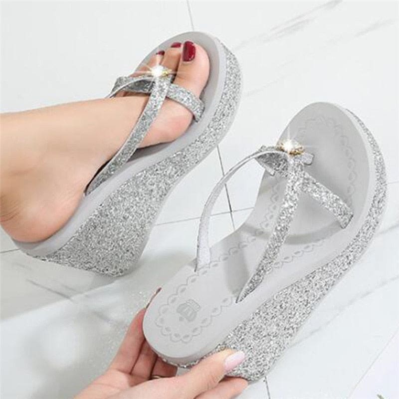 rhinestones sequins slope with flip flops breathable shiny wedges women sandals