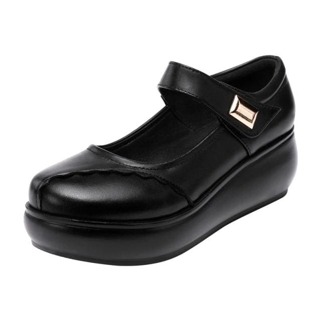 round toe thick bottom leather wedge shoes