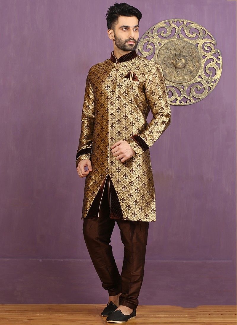 indian traditional wedding wear brown pakistani designer jacquard sherwani