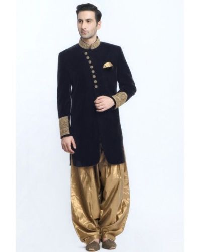 black rayon velvet fabric zardosi work sherwani with silk dhoti pant for groom