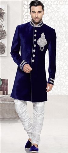 blue velvet fabric zardosi work sherwani with churidar cotton pant for groom