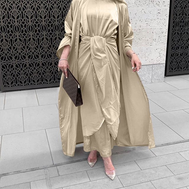Satin Dubai Kaftan Abaya Arabic Muslim Women Dress Beige 3pcs Set / XXL HIJAB & BURKA