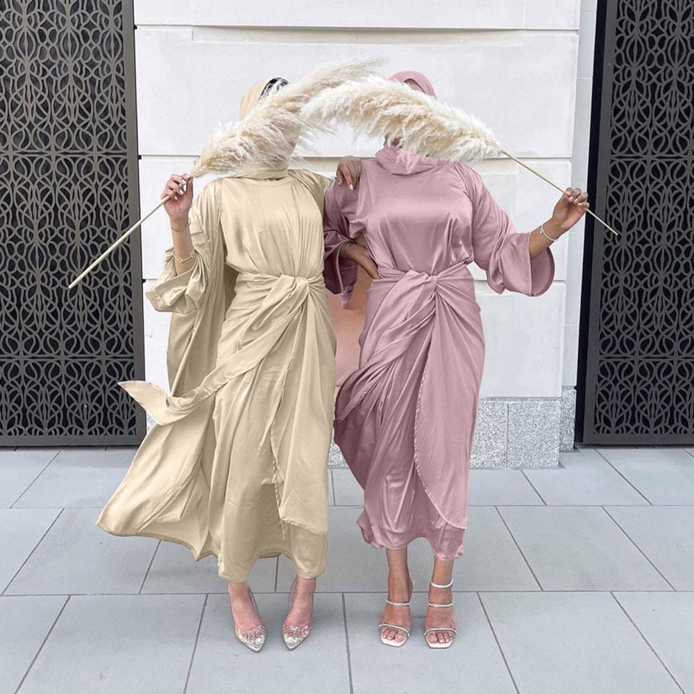 Satin Dubai Kaftan Abaya Arabic Muslim Women Dress Black 3pcs Set / XXL Satin Dubai Kaftan Abaya Arabic Muslim Women Dress Black 3pcs Set / XXL