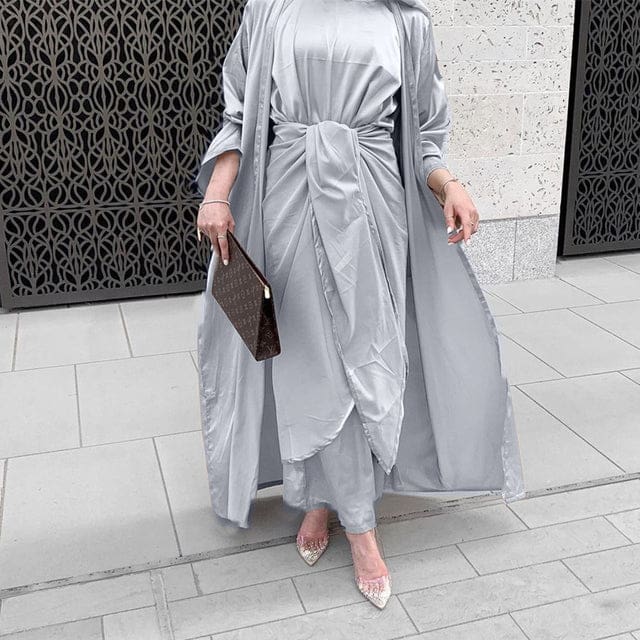 Satin Dubai Kaftan Abaya Arabic Muslim Women Dress Gray 3pcs Set / M Satin Dubai Kaftan Abaya Arabic Muslim Women Dress Gray 3pcs Set / M