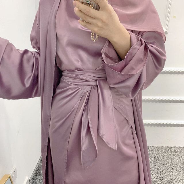 Satin Dubai Kaftan Abaya Arabic Muslim Women Dress Purple 3pcs Set / M HIJAB & BURKA