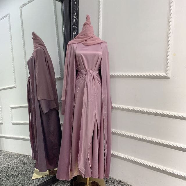 Satin Dubai Kaftan Abaya Arabic Muslim Women Dress Purple with Hijab / XXL HIJAB & BURKA