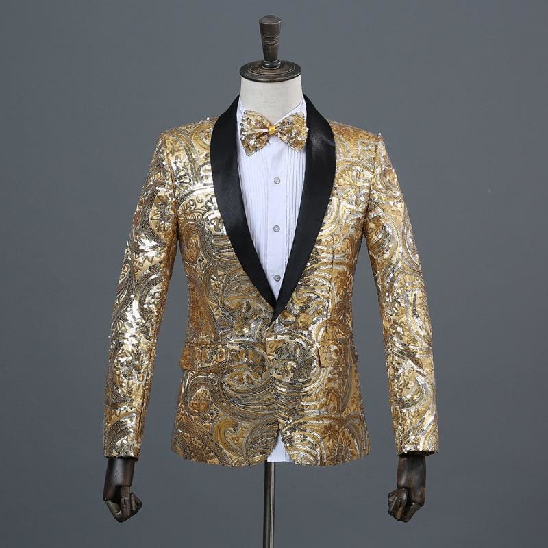 shiny floral sequin paillette shawl lapel one button dj blazer with bow tie