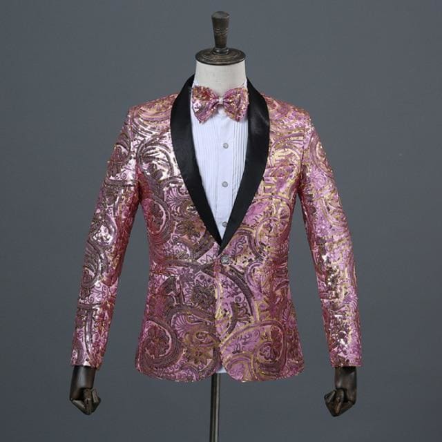 shiny floral sequin paillette shawl lapel one button dj blazer with bow tie