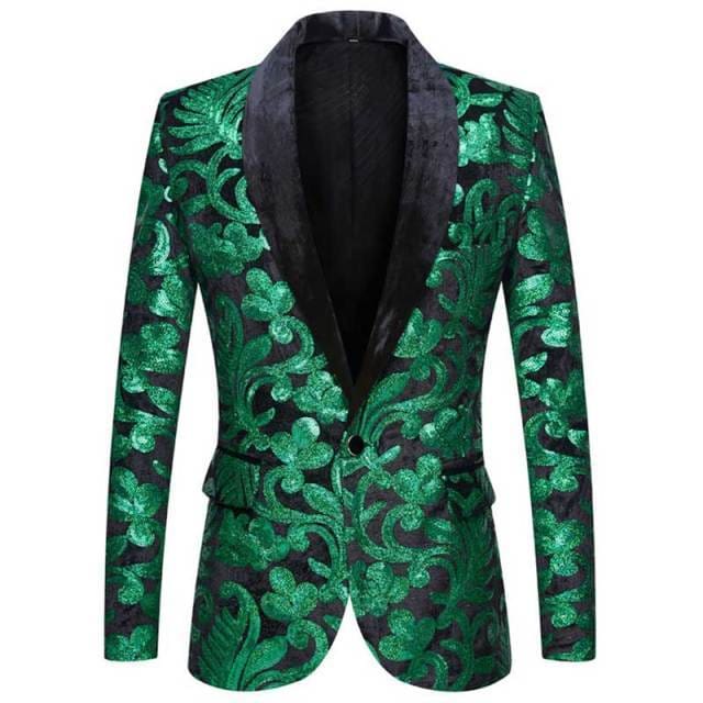 shiny green floral sequin one button shawl collar men tuxedo