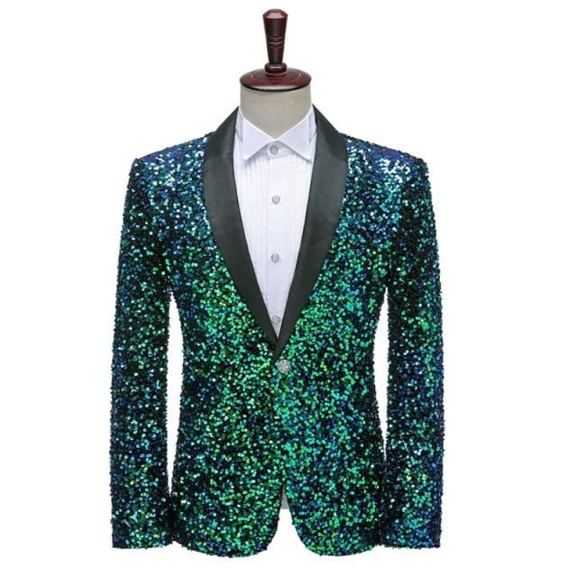 shiny green shawl collar one button sequins bling glitter party blazer