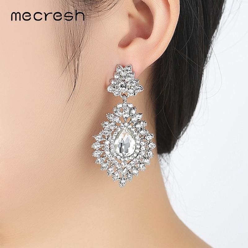 silver color crystal big teardrop long  bridal earrings for women
