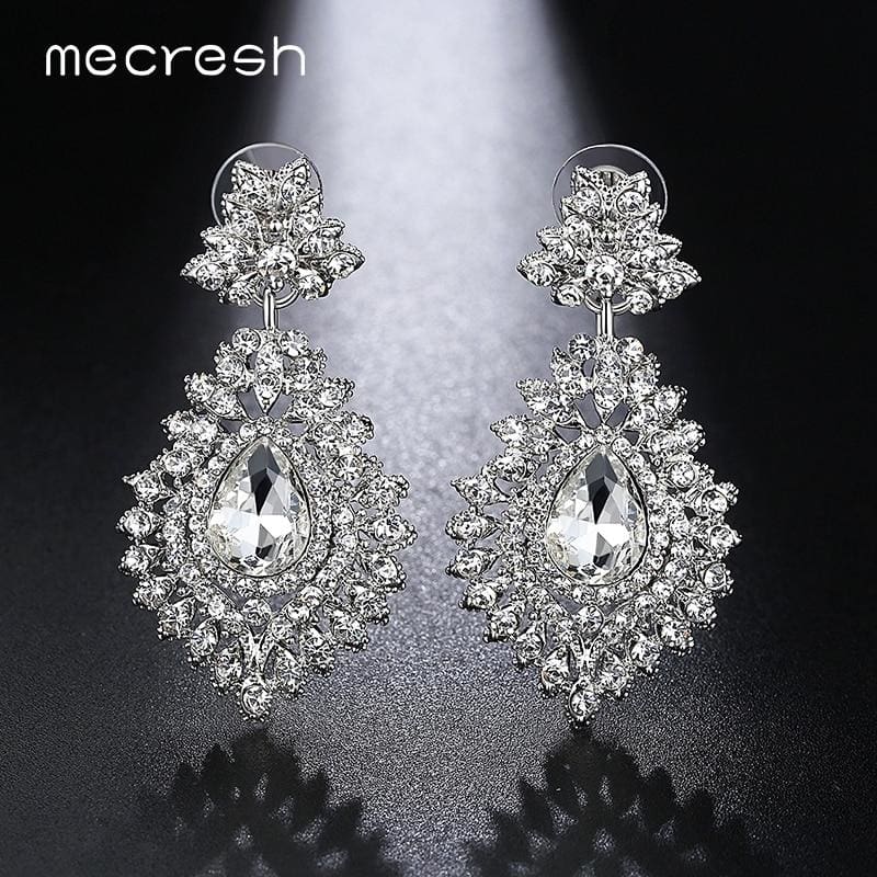 silver color crystal big teardrop long  bridal earrings for women