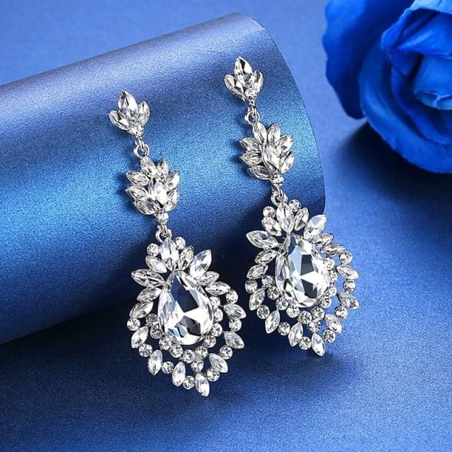 silver color crystal big teardrop long  bridal earrings for women meh1102-clear