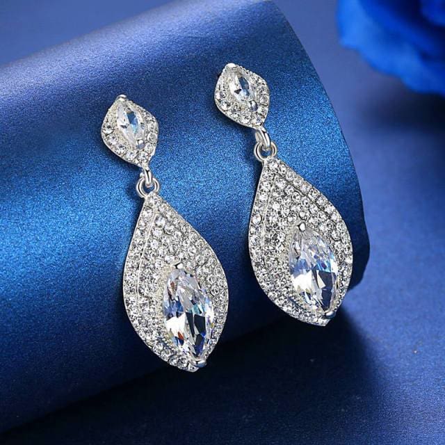 silver color crystal big teardrop long  bridal earrings for women meh1143