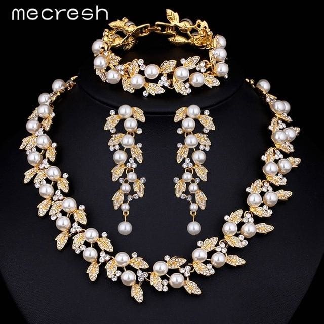 simulated pearl bridal jewelry set parure bijoux femme gold with bracelet