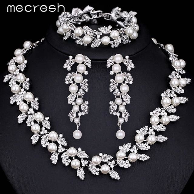 simulated pearl bridal jewelry set parure bijoux femme silver with bracelet