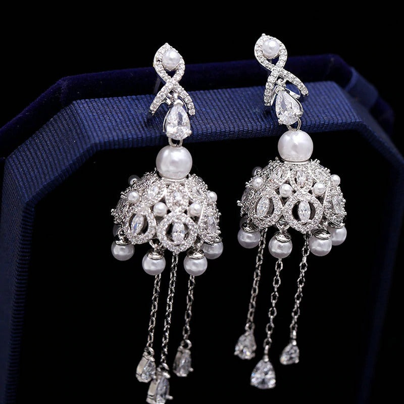 luxury cubic zircon tassel campanula dangle earrings