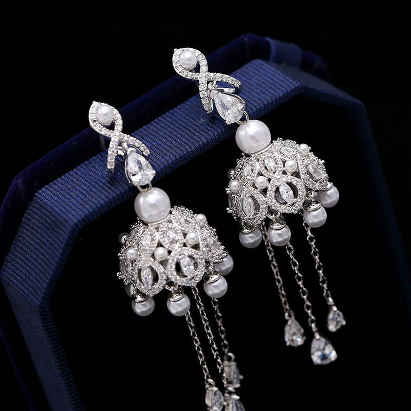 luxury cubic zircon tassel campanula dangle earrings