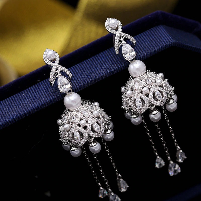 luxury cubic zircon tassel campanula dangle earrings