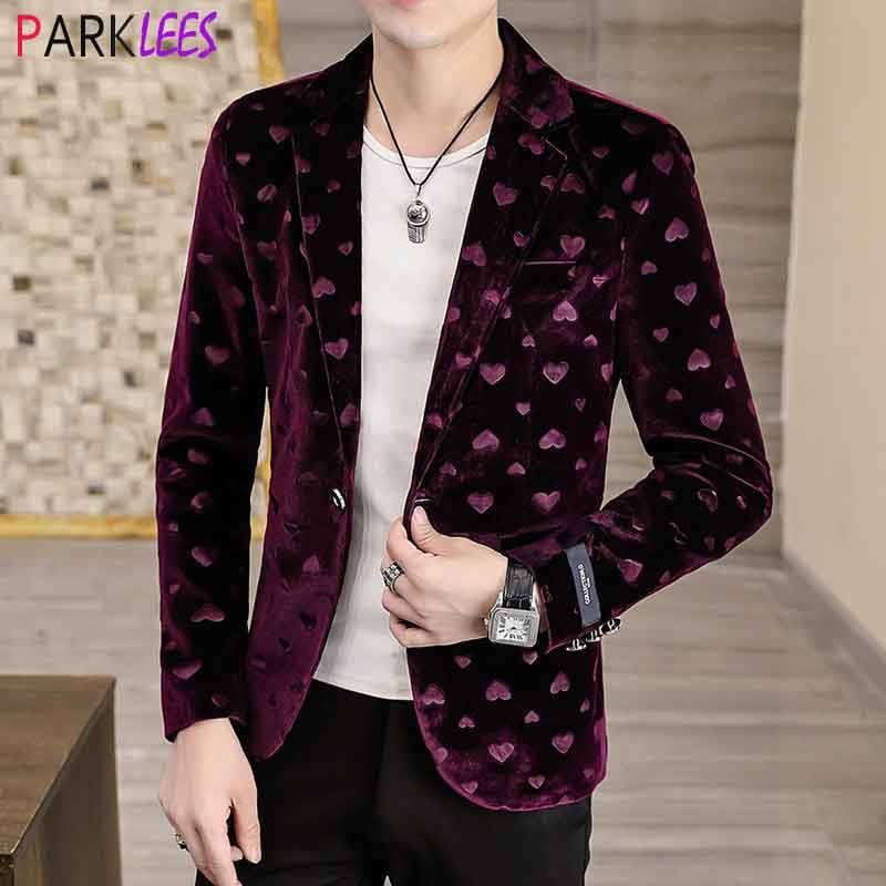 slim fit one button heart print purple velvet party blazer for men