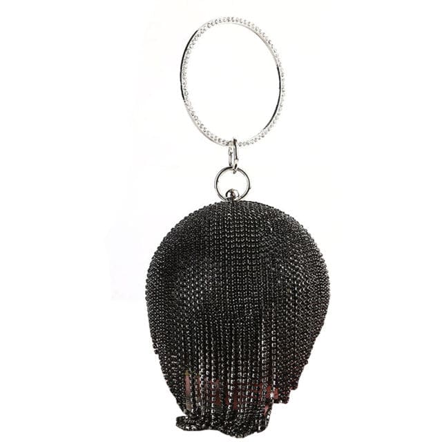 Sliver Diamonds Rhinestone Round Ball Mini Tassels Party Bags For Women Black A 173 HANDBAGS