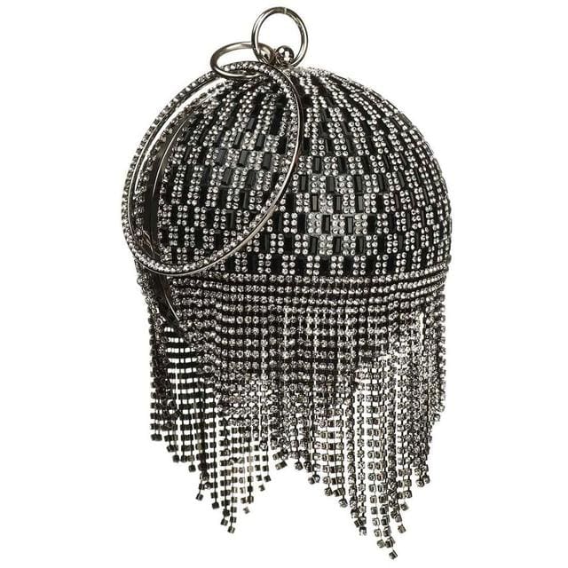 Sliver Diamonds Rhinestone Round Ball Mini Tassels Party Bags For Women Black B 100018786 HANDBAGS