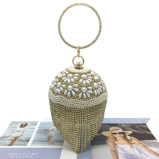 Sliver Diamonds Rhinestone Round Ball Mini Tassels Party Bags For Women Gold E 200004891 HANDBAGS