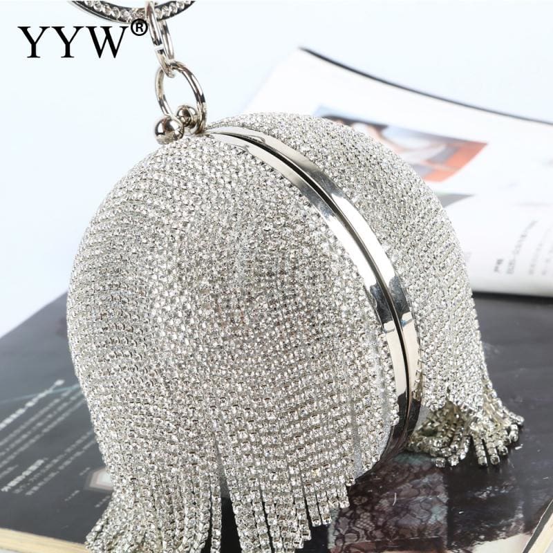 Sliver Diamonds Rhinestone Round Ball Mini Tassels Party Bags For Women HANDBAGS