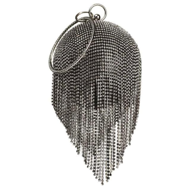 Sliver Diamonds Rhinestone Round Ball Mini Tassels Party Bags For Women Long Black 200004890 HANDBAGS