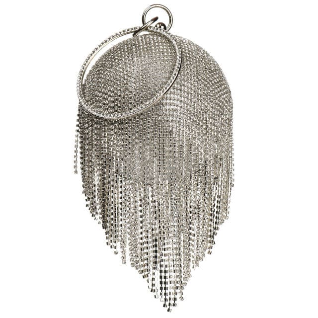Sliver Diamonds Rhinestone Round Ball Mini Tassels Party Bags For Women Long Silver 691 HANDBAGS