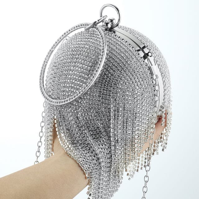 Sliver Diamonds Rhinestone Round Ball Mini Tassels Party Bags For Women Silver A 771 HANDBAGS