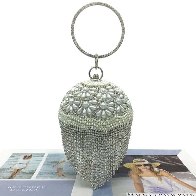 Sliver Diamonds Rhinestone Round Ball Mini Tassels Party Bags For Women Silver E 10 HANDBAGS