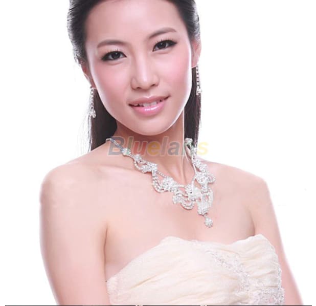 sliver plated rhinestone crystal faux pearl necklace+earring jewelry set for bride