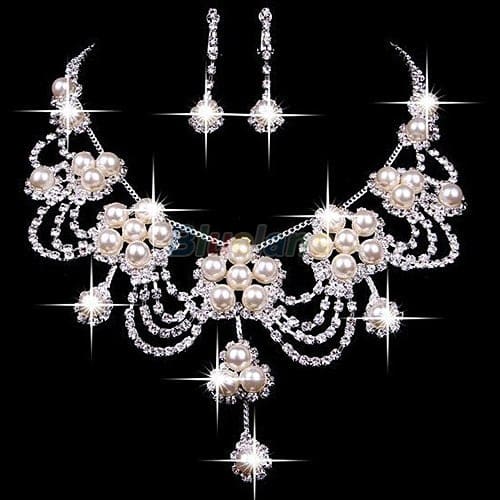 sliver plated rhinestone crystal faux pearl necklace+earring jewelry set for bride